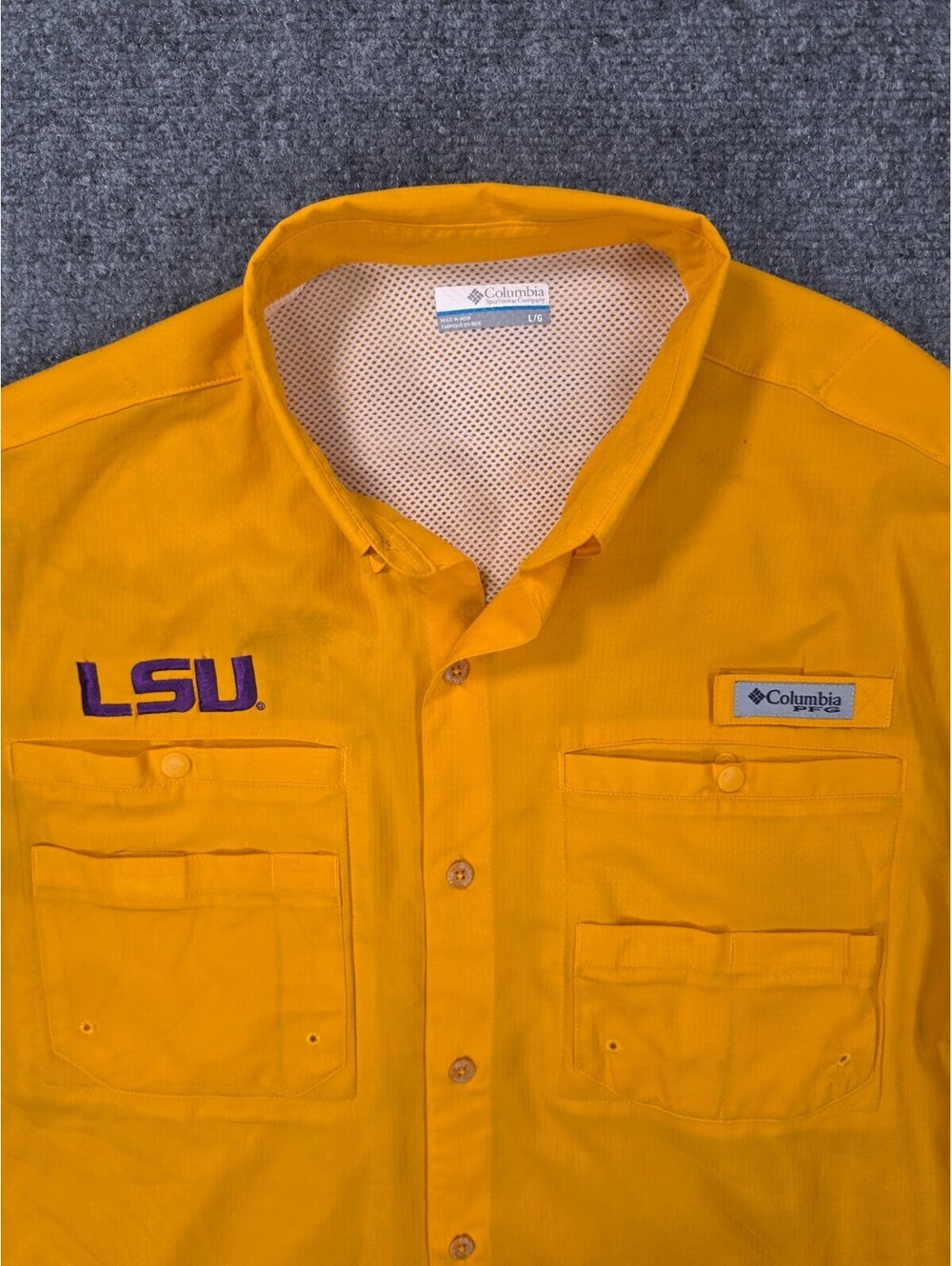 Columbia PFG LSU Tigers Shirt Mens Large Gold Yellow Fishing Short Sleeve